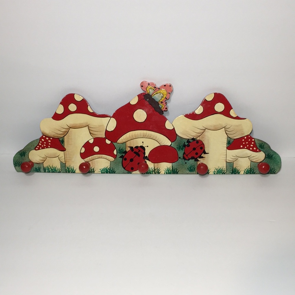 Adorable Mushroom & Ladybug Hanging Coat Or Towel Rack - Handmade Hand Painted